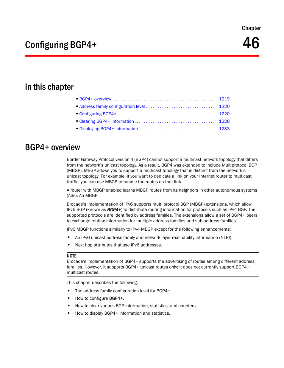 Configuring bgp4, Bgp4+ overview, Chapter 46 | Configuring, Bgp4 | Brocade BigIron RX Series Configuration Guide User Manual | Page 1297 / 1550