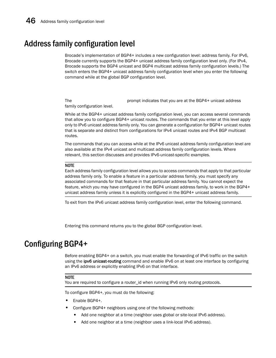 Address family configuration level, Configuring bgp4, Address family configuration level 0 | Configuring bgp4+ 0 | Brocade BigIron RX Series Configuration Guide User Manual | Page 1298 / 1550