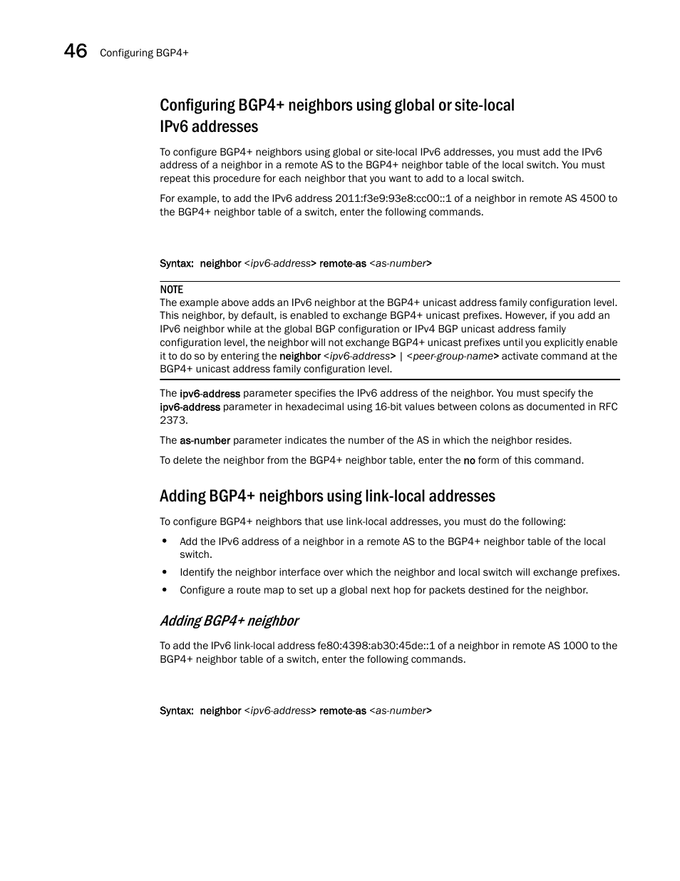 Adding bgp4+ neighbors using link-local addresses, Adding bgp4+ neighbor | Brocade BigIron RX Series Configuration Guide User Manual | Page 1300 / 1550