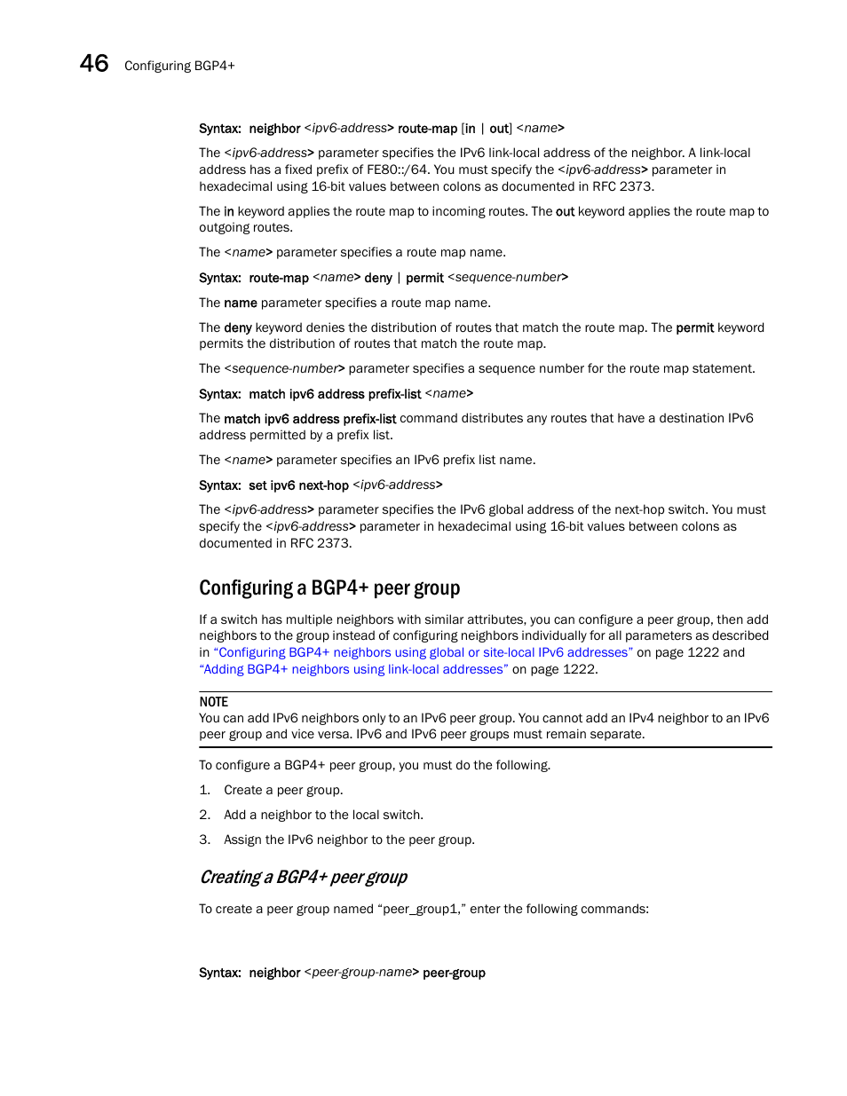 Configuring a bgp4+ peer group, Creating a bgp4+ peer group | Brocade BigIron RX Series Configuration Guide User Manual | Page 1302 / 1550