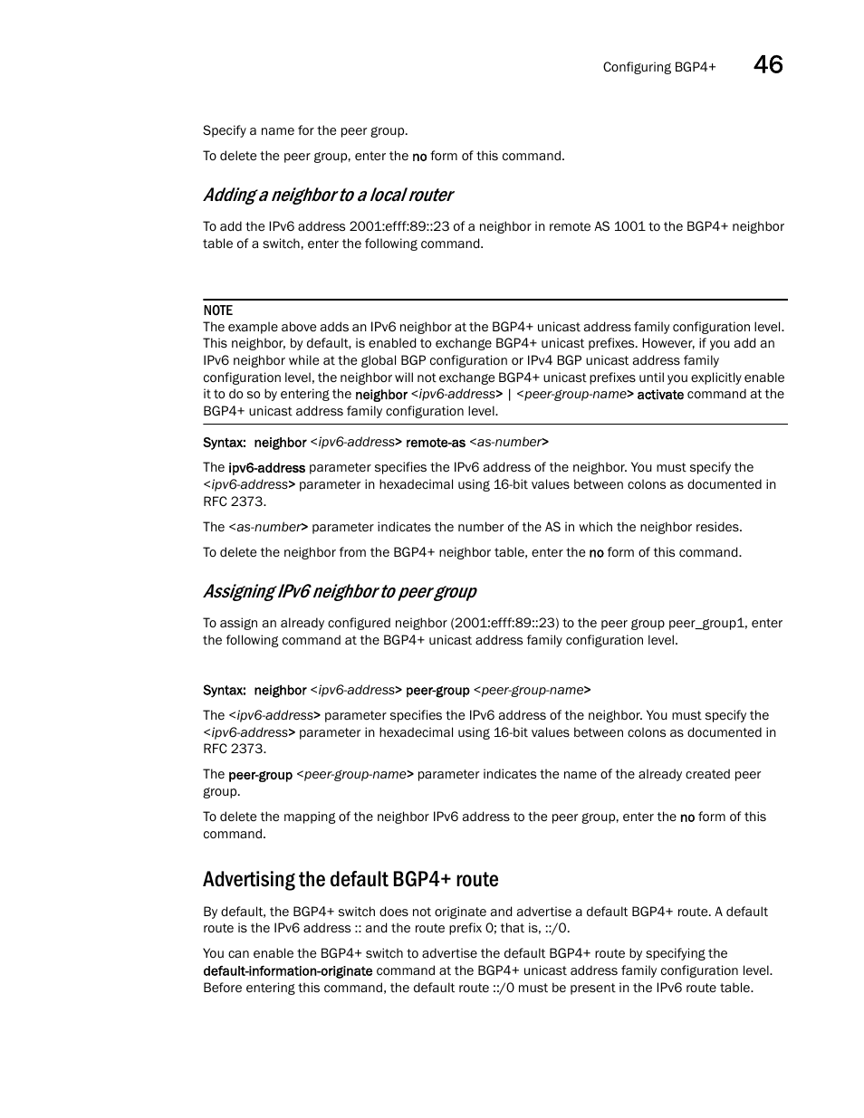 Advertising the default bgp4+ route, Adding a neighbor to a local router, Assigning ipv6 neighbor to peer group | Brocade BigIron RX Series Configuration Guide User Manual | Page 1303 / 1550