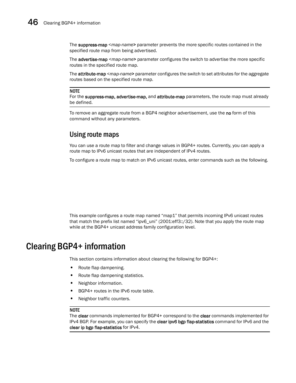 Using route maps, Clearing bgp4+ information, Clearing bgp4+ information 8 | Brocade BigIron RX Series Configuration Guide User Manual | Page 1306 / 1550