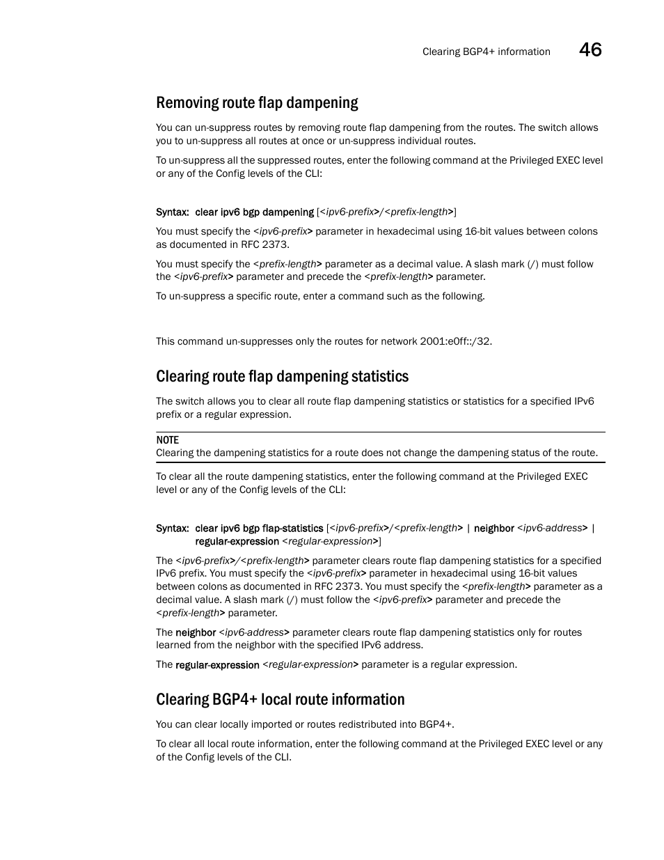 Removing route flap dampening, Clearing route flap dampening statistics, Clearing bgp4+ local route information | Brocade BigIron RX Series Configuration Guide User Manual | Page 1307 / 1550