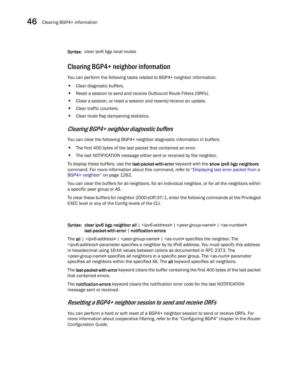 Clearing bgp4+ neighbor information, Clearing bgp4+ neighbor diagnostic buffers | Brocade BigIron RX Series Configuration Guide User Manual | Page 1308 / 1550