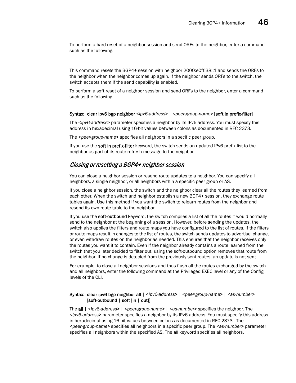 Closing or resetting a bgp4+ neighbor session | Brocade BigIron RX Series Configuration Guide User Manual | Page 1309 / 1550