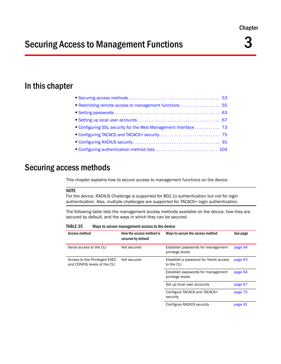 Securing access to management functions, Securing access methods, Chapter 3 | Securing access to, Management functions, Chapter | Brocade BigIron RX Series Configuration Guide User Manual | Page 131 / 1550