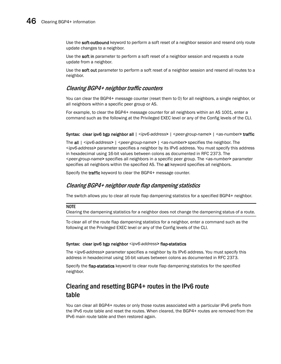 Clearing bgp4+ neighbor traffic counters | Brocade BigIron RX Series Configuration Guide User Manual | Page 1310 / 1550