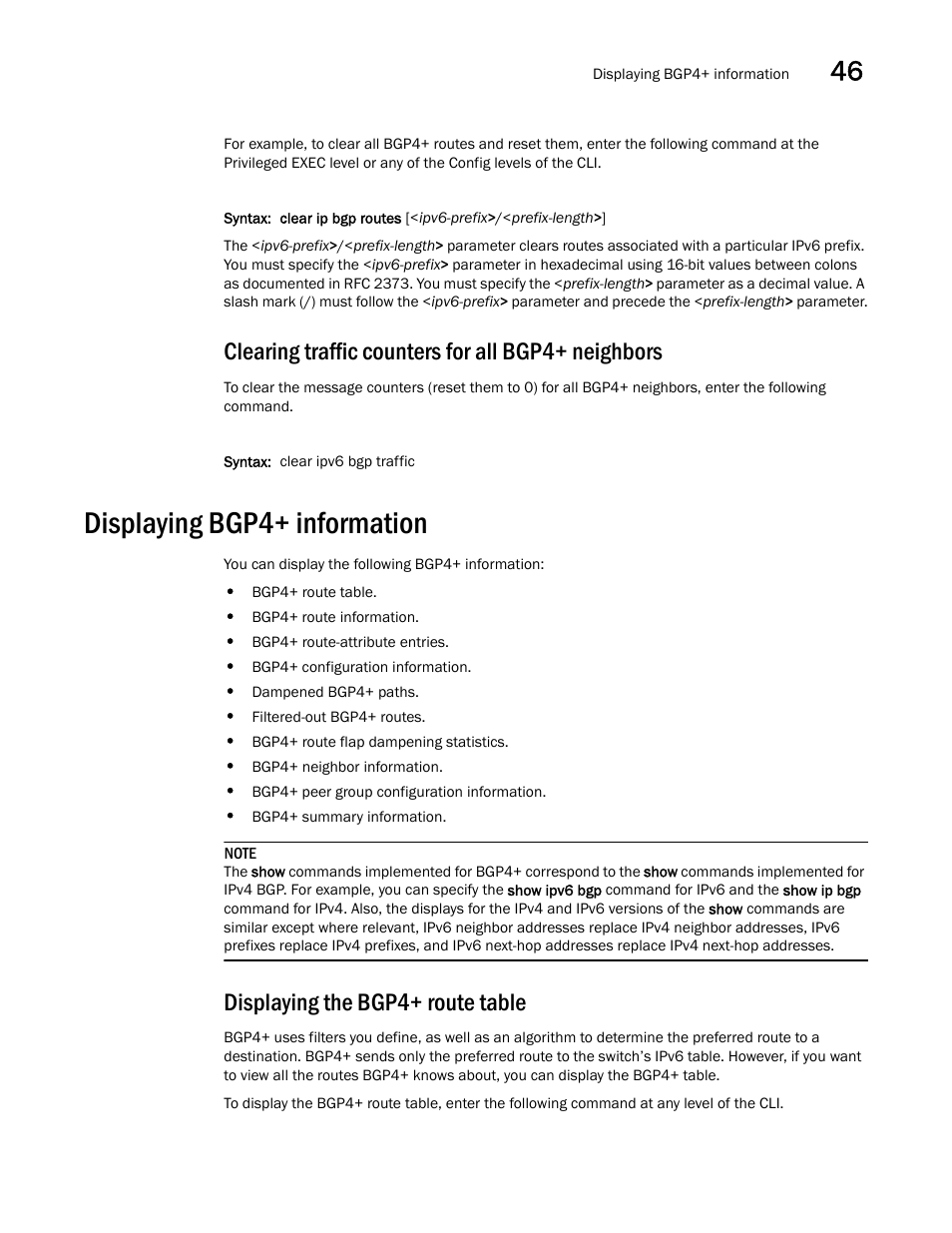 Clearing traffic counters for all bgp4+ neighbors, Displaying bgp4+ information, Displaying the bgp4+ route table | Displaying bgp4+ information 3 | Brocade BigIron RX Series Configuration Guide User Manual | Page 1311 / 1550