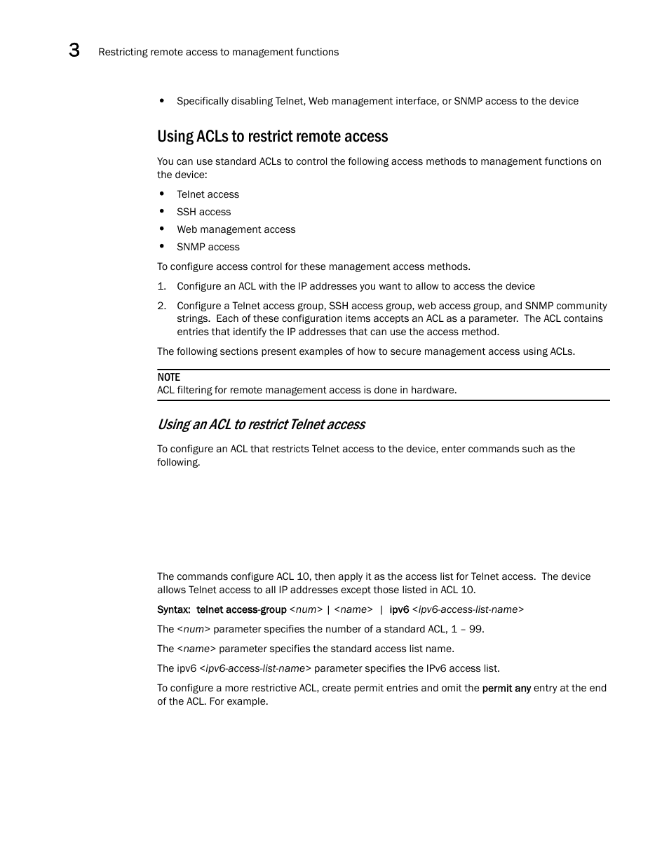 Using acls to restrict remote access, Using an acl to restrict telnet access | Brocade BigIron RX Series Configuration Guide User Manual | Page 134 / 1550