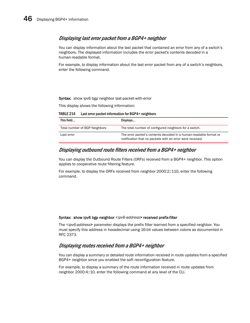 Displaying last error packet from a bgp4+ neighbor, Displaying routes received from a bgp4+ neighbor | Brocade BigIron RX Series Configuration Guide User Manual | Page 1340 / 1550