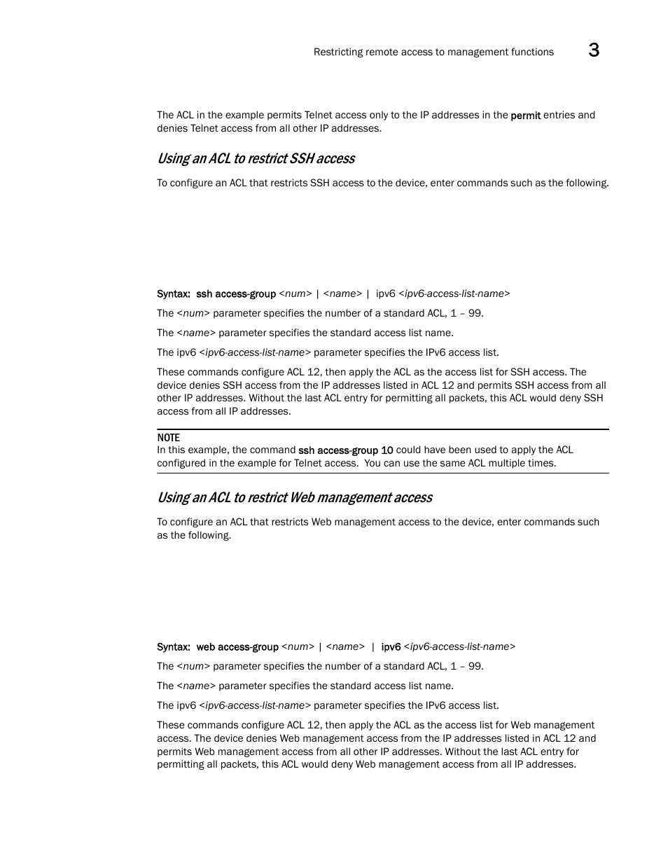 Using an acl to restrict ssh access, Using an acl to restrict web management access | Brocade BigIron RX Series Configuration Guide User Manual | Page 135 / 1550