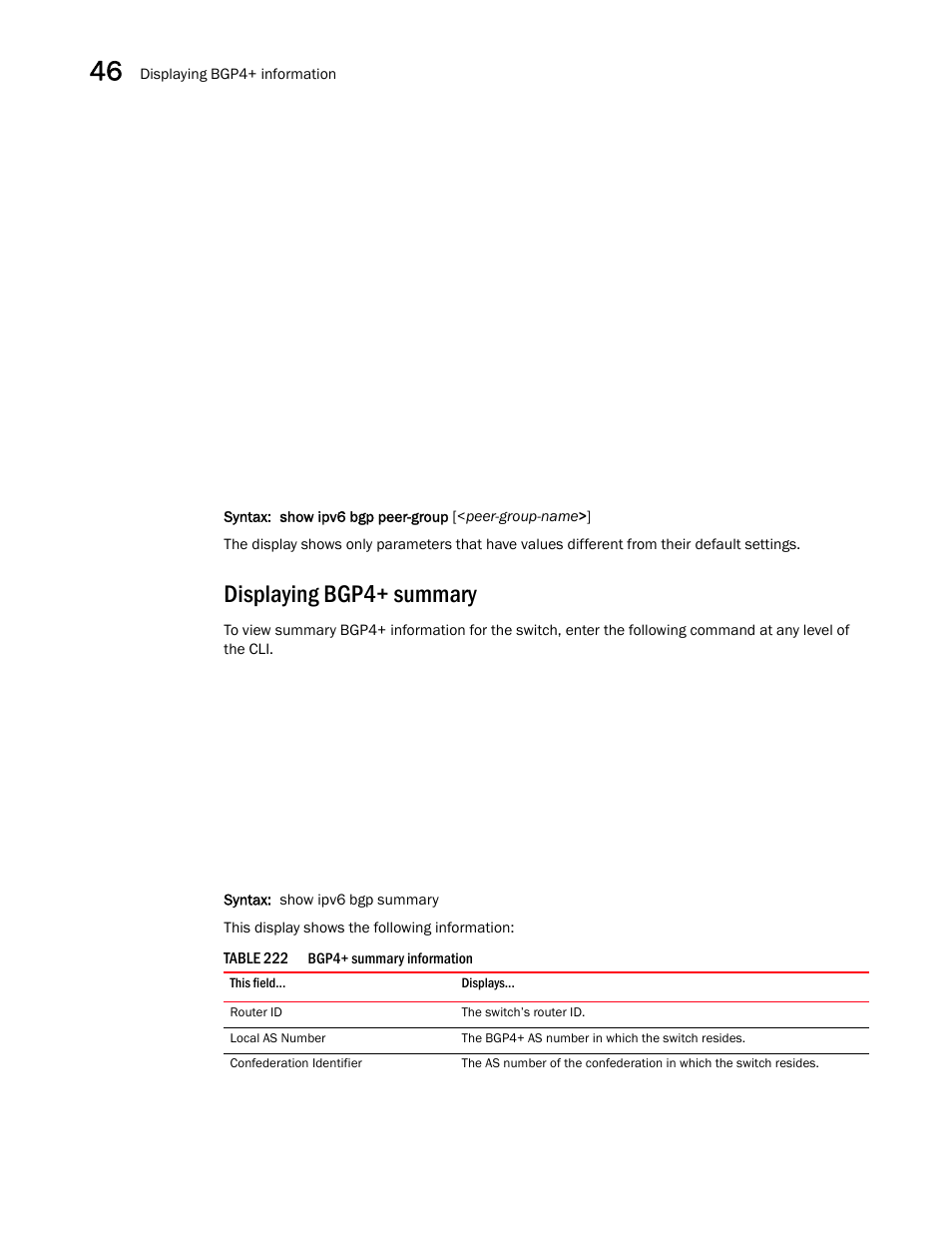 Displaying bgp4+ summary | Brocade BigIron RX Series Configuration Guide User Manual | Page 1352 / 1550