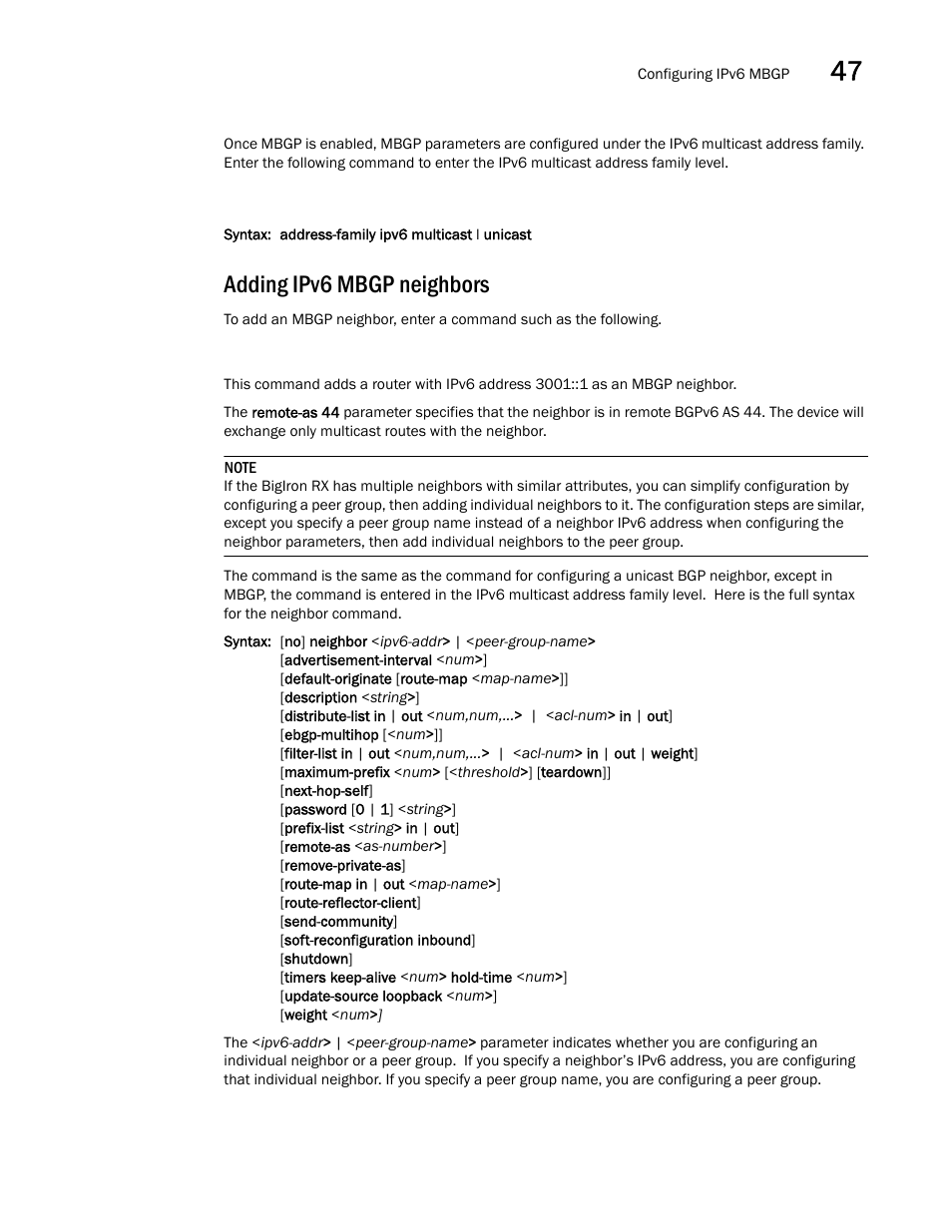 Adding ipv6 mbgp neighbors | Brocade BigIron RX Series Configuration Guide User Manual | Page 1357 / 1550