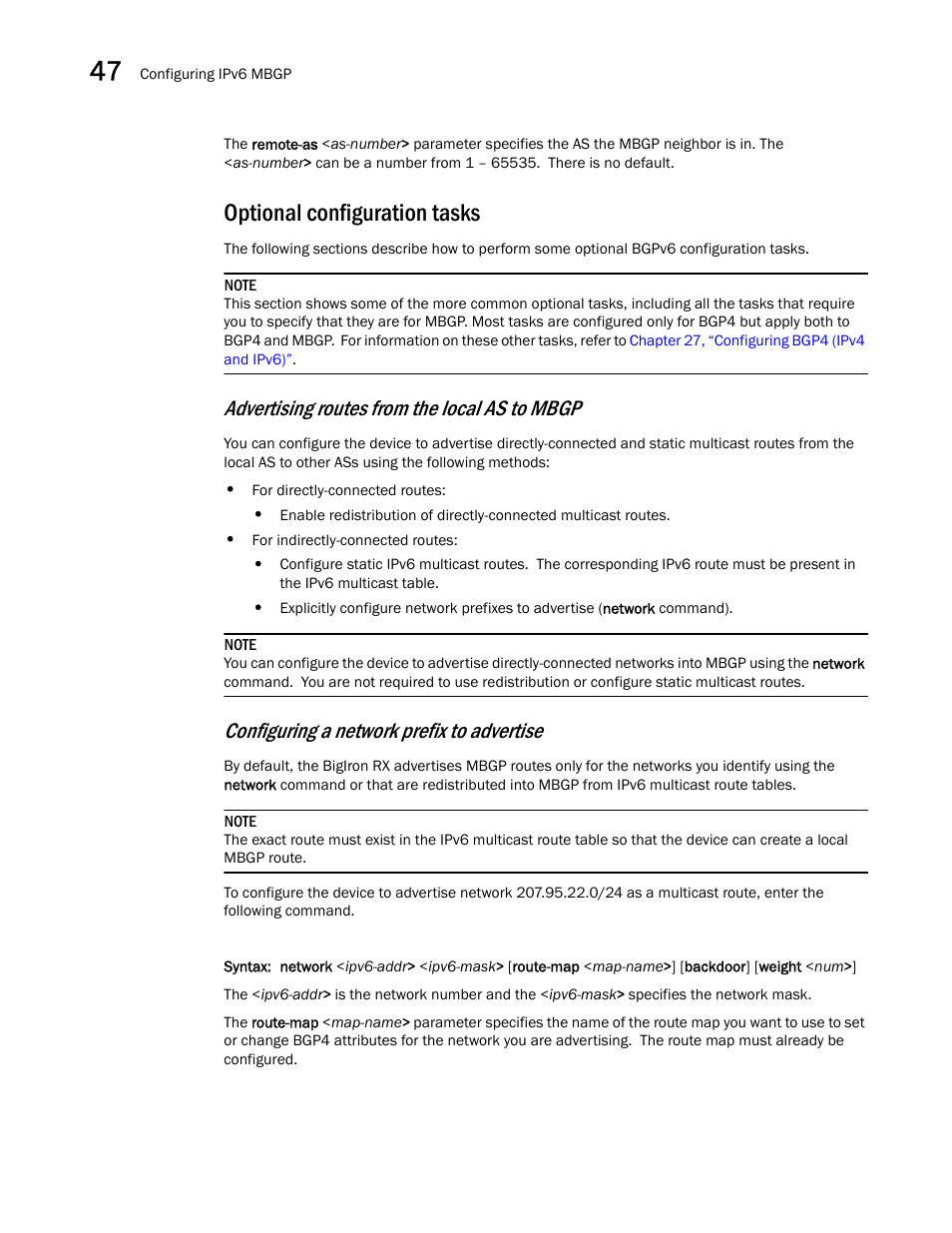 Optional configuration tasks, Advertising routes from the local as to mbgp, Configuring a network prefix to advertise | Brocade BigIron RX Series Configuration Guide User Manual | Page 1358 / 1550