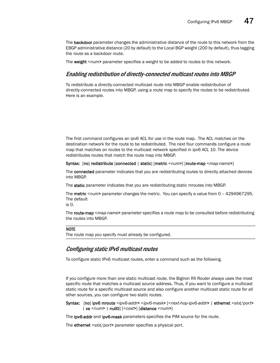 Configuring static ipv6 multicast routes | Brocade BigIron RX Series Configuration Guide User Manual | Page 1359 / 1550