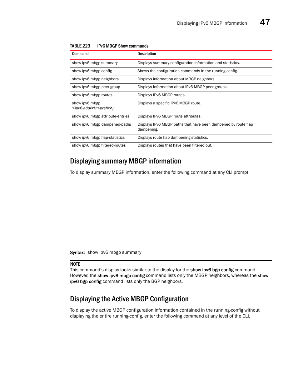 Displaying summary mbgp information, Displaying the active mbgp configuration, Table 223 | Lists the mb | Brocade BigIron RX Series Configuration Guide User Manual | Page 1361 / 1550