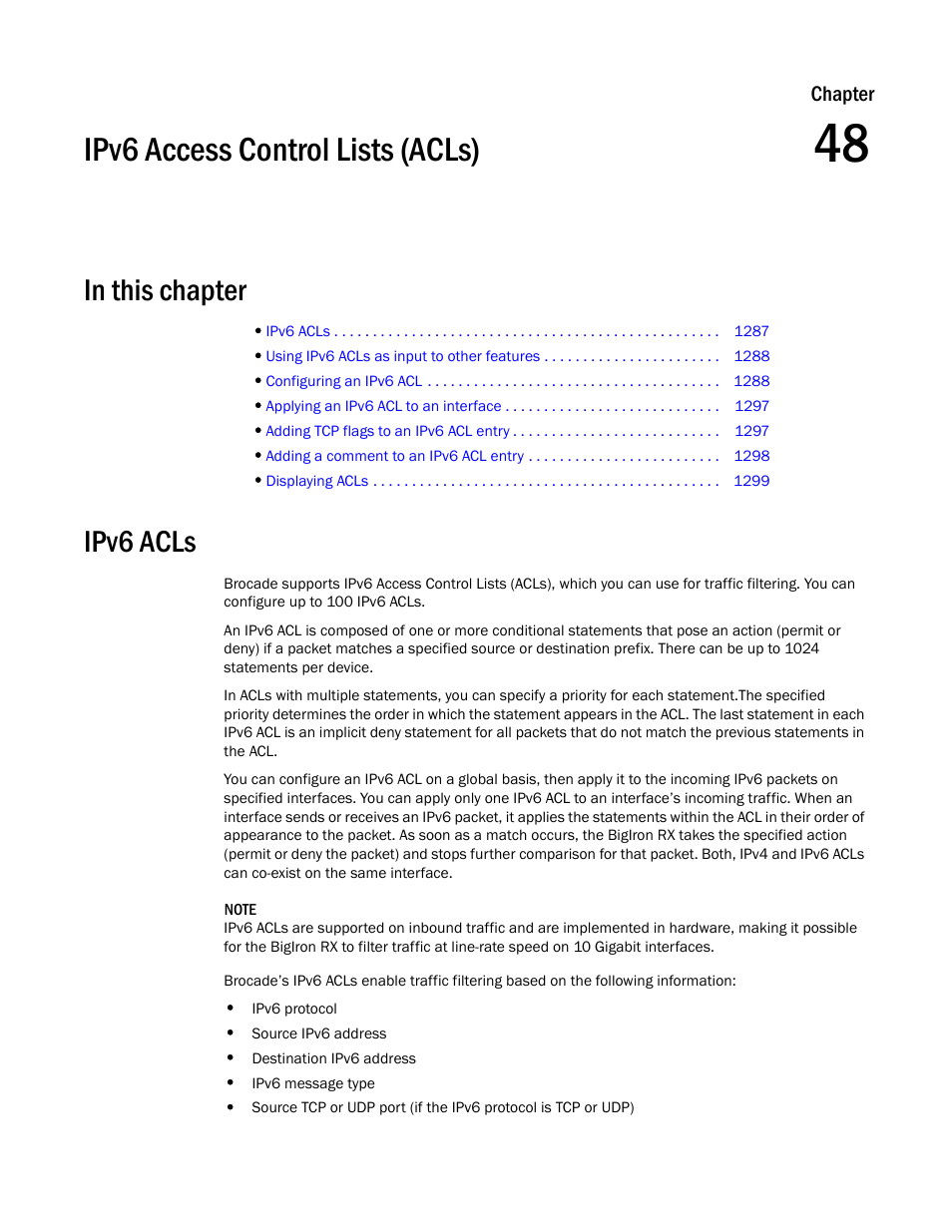 Ipv6 access control lists (acls), Ipv6 acls, Chapter 48 | Ipv6 access, Control lists (acls) | Brocade BigIron RX Series Configuration Guide User Manual | Page 1365 / 1550