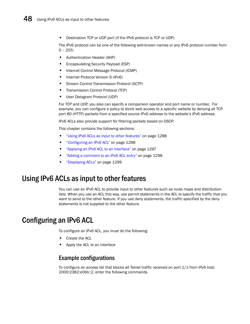 Using ipv6 acls as input to other features, Configuring an ipv6 acl, Example configurations | Using ipv6 acls as input to other features 8, Configuring an ipv6 acl 8 | Brocade BigIron RX Series Configuration Guide User Manual | Page 1366 / 1550