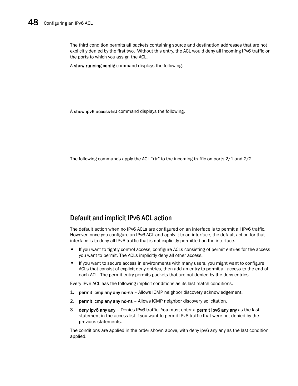 Default and implicit ipv6 acl action | Brocade BigIron RX Series Configuration Guide User Manual | Page 1368 / 1550
