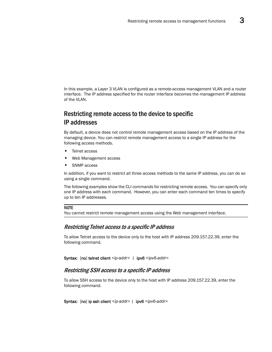 Restricting telnet access to a specific ip address, Restricting ssh access to a specific ip address | Brocade BigIron RX Series Configuration Guide User Manual | Page 137 / 1550