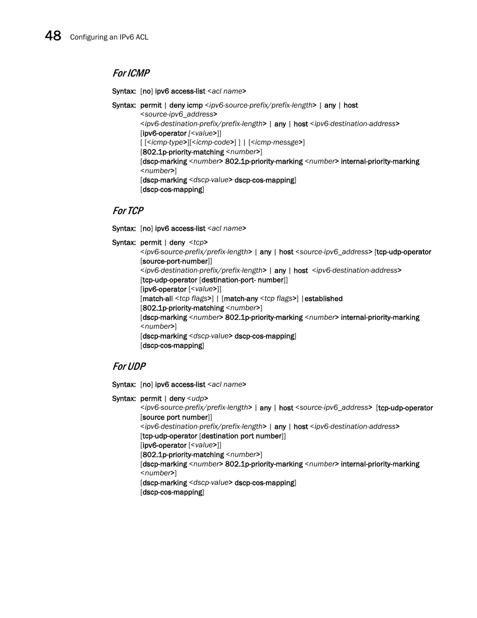 For icmp, For tcp, For udp | Brocade BigIron RX Series Configuration Guide User Manual | Page 1370 / 1550