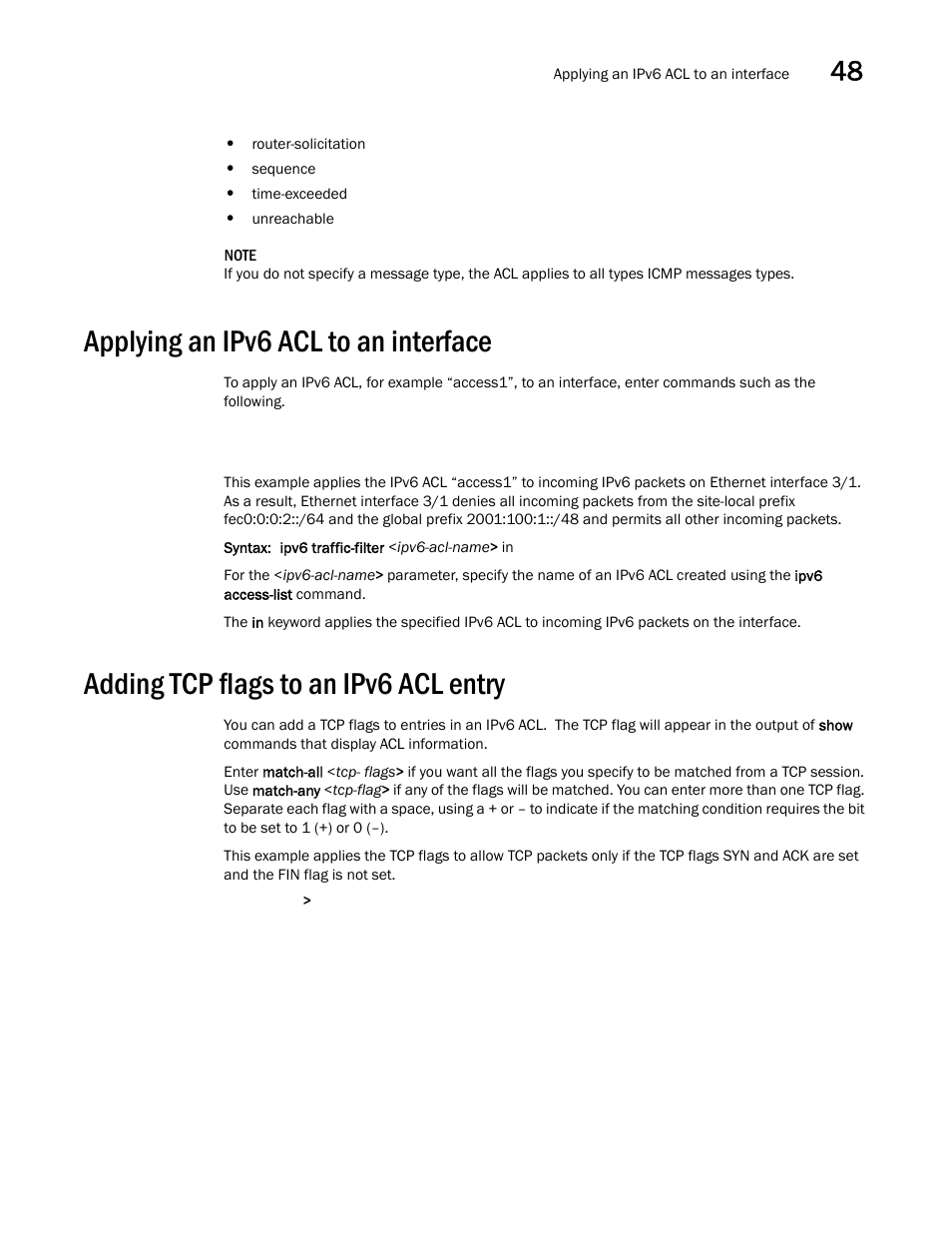 Applying an ipv6 acl to an interface, Adding tcp flags to an ipv6 acl entry, Applying an ipv6 acl to an interface 7 | Adding tcp flags to an ipv6 acl entry 7 | Brocade BigIron RX Series Configuration Guide User Manual | Page 1375 / 1550