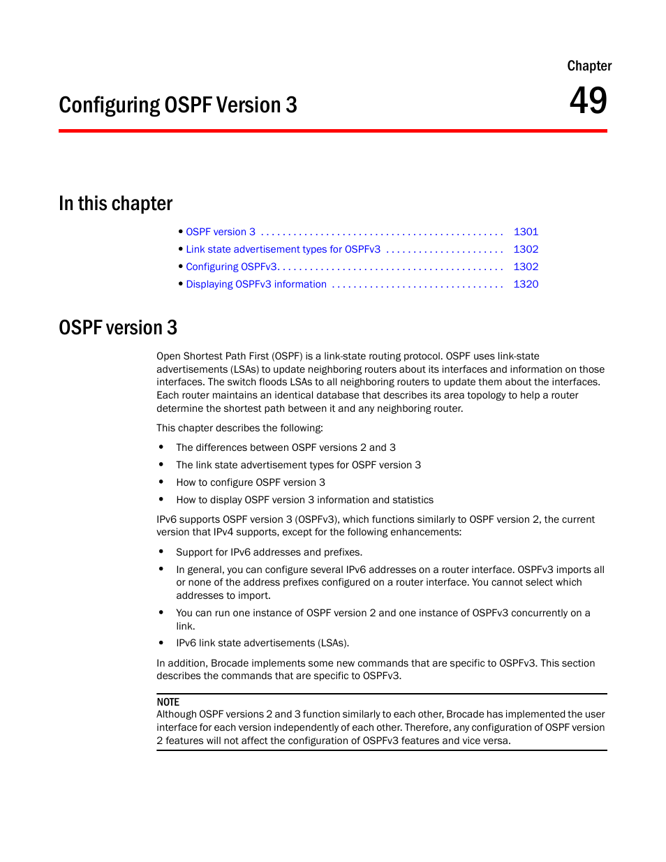 Configuring ospf version 3, Ospf version 3, Chapter 49 | Configuring | Brocade BigIron RX Series Configuration Guide User Manual | Page 1379 / 1550