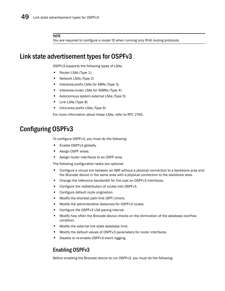 Link state advertisement types for ospfv3, Configuring ospfv3, Enabling ospfv3 | Link state advertisement types for ospfv3 2, Configuring ospfv3 2 | Brocade BigIron RX Series Configuration Guide User Manual | Page 1380 / 1550