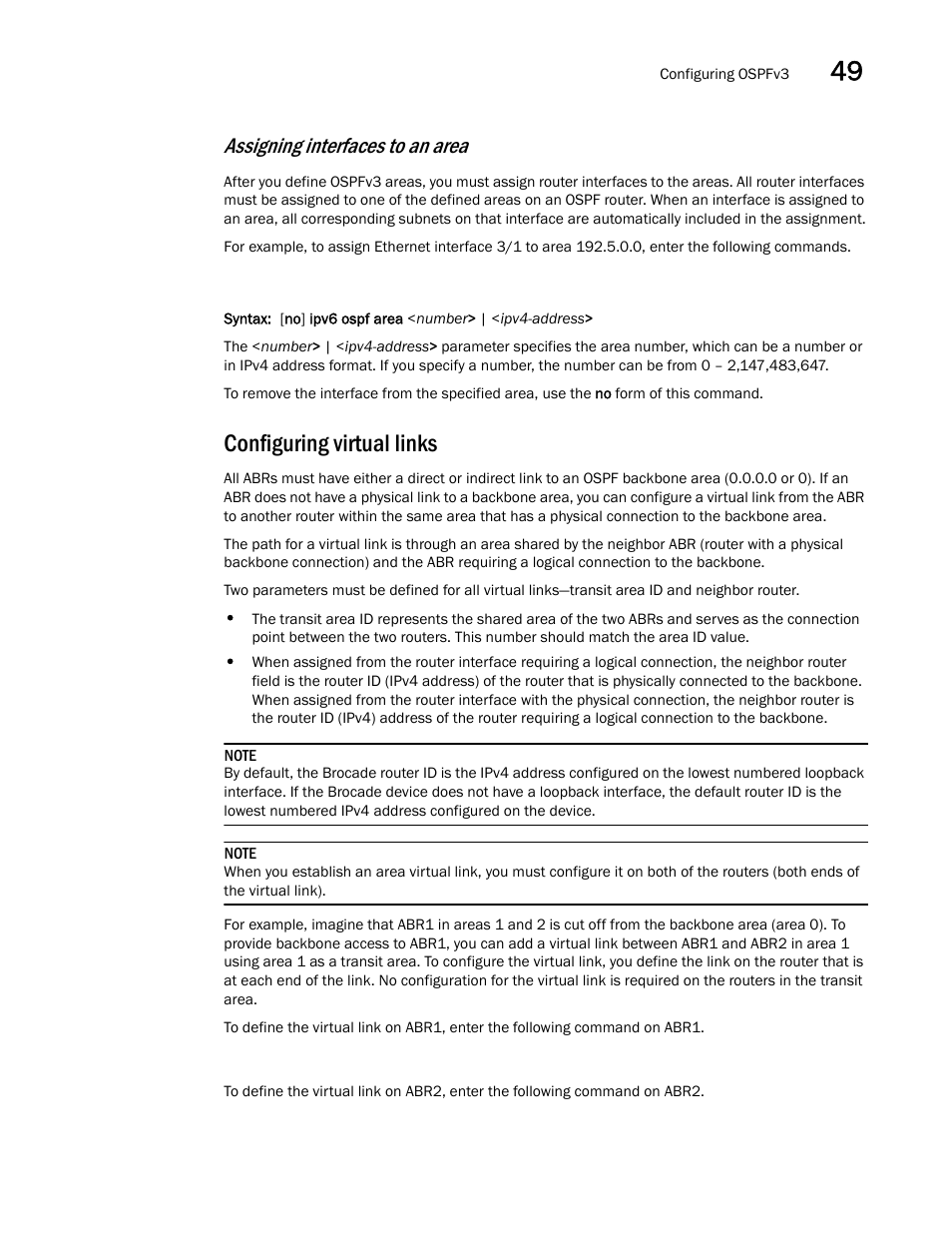 Configuring virtual links, Assigning interfaces to an area | Brocade BigIron RX Series Configuration Guide User Manual | Page 1383 / 1550