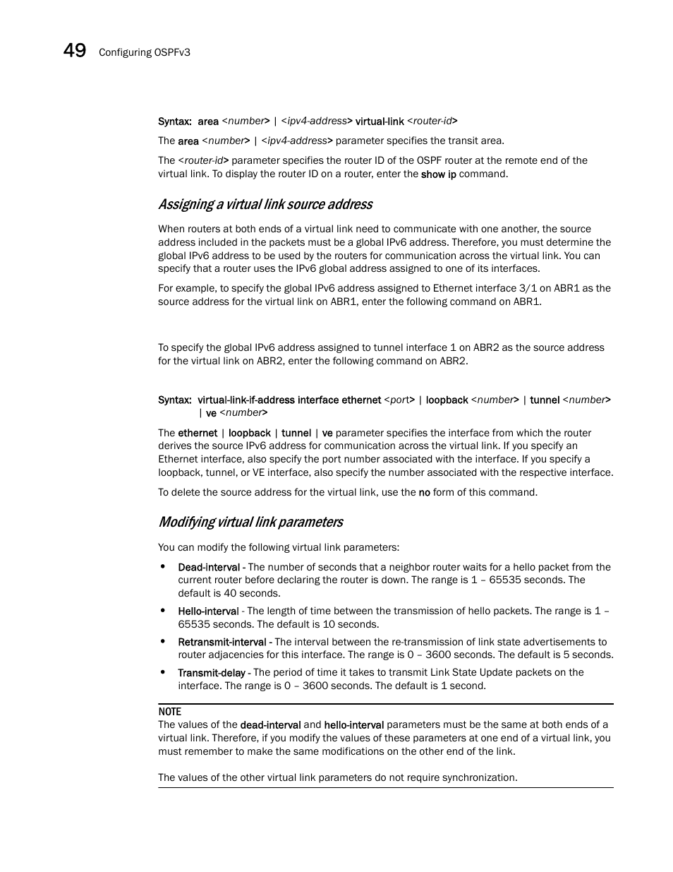 Assigning a virtual link source address, Modifying virtual link parameters | Brocade BigIron RX Series Configuration Guide User Manual | Page 1384 / 1550