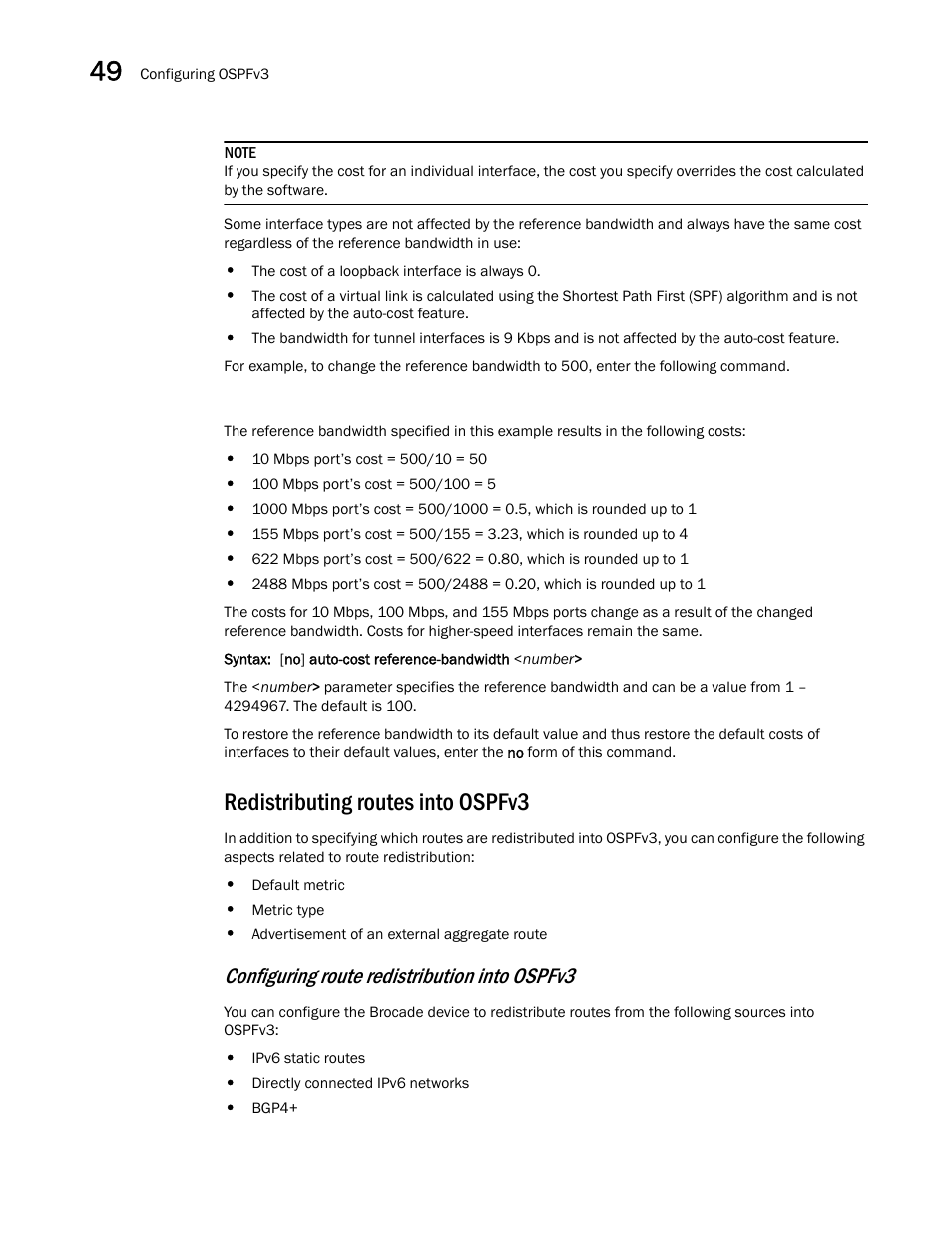 Redistributing routes into ospfv3, Configuring route redistribution into ospfv3 | Brocade BigIron RX Series Configuration Guide User Manual | Page 1386 / 1550