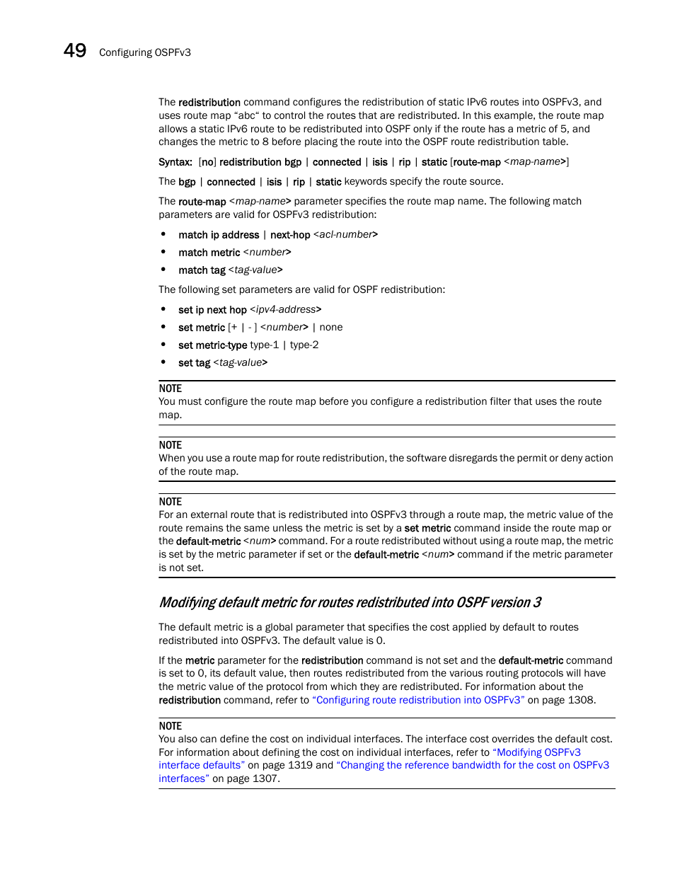 Modifying default metric for routes, Redistributed into ospf version 3 | Brocade BigIron RX Series Configuration Guide User Manual | Page 1388 / 1550