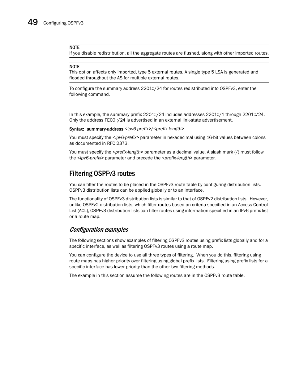 Filtering ospfv3 routes, Configuration examples | Brocade BigIron RX Series Configuration Guide User Manual | Page 1390 / 1550