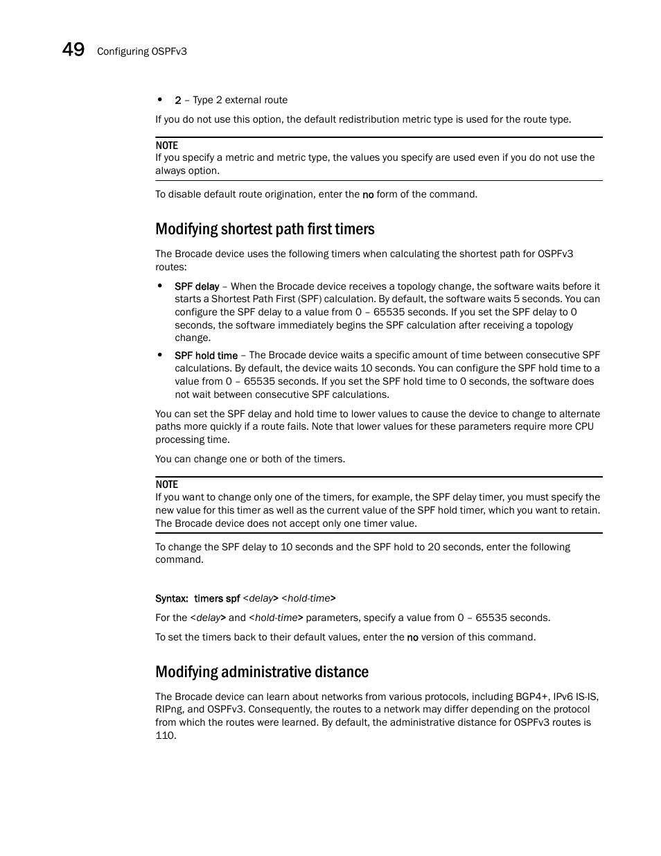 Modifying shortest path first timers, Modifying administrative distance | Brocade BigIron RX Series Configuration Guide User Manual | Page 1394 / 1550