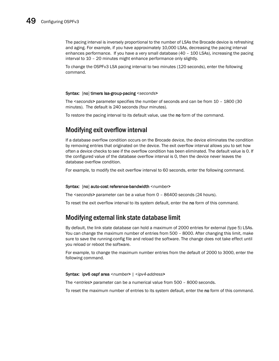 Modifying exit overflow interval, Modifying external link state database limit | Brocade BigIron RX Series Configuration Guide User Manual | Page 1396 / 1550