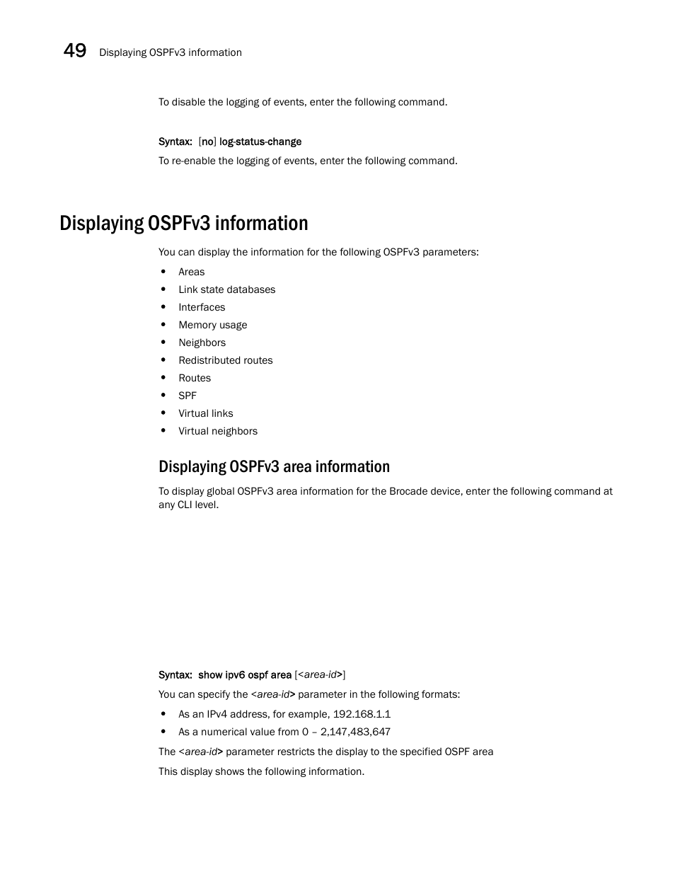 Displaying ospfv3 information, Displaying ospfv3 area information, Displaying ospfv3 information 0 | Brocade BigIron RX Series Configuration Guide User Manual | Page 1398 / 1550