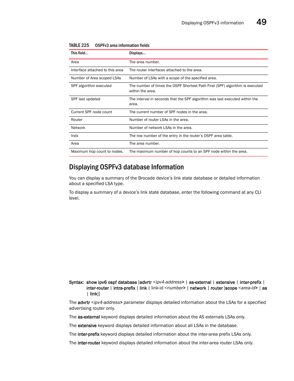 Displaying ospfv3 database information | Brocade BigIron RX Series Configuration Guide User Manual | Page 1399 / 1550