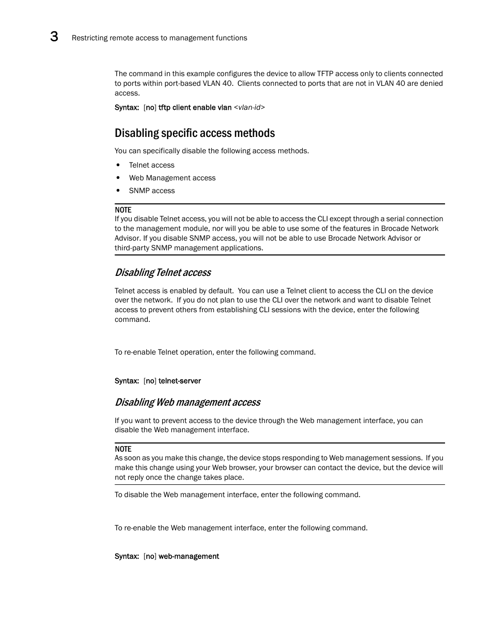 Disabling specific access methods, Disabling telnet access, Disabling web management access | Brocade BigIron RX Series Configuration Guide User Manual | Page 140 / 1550