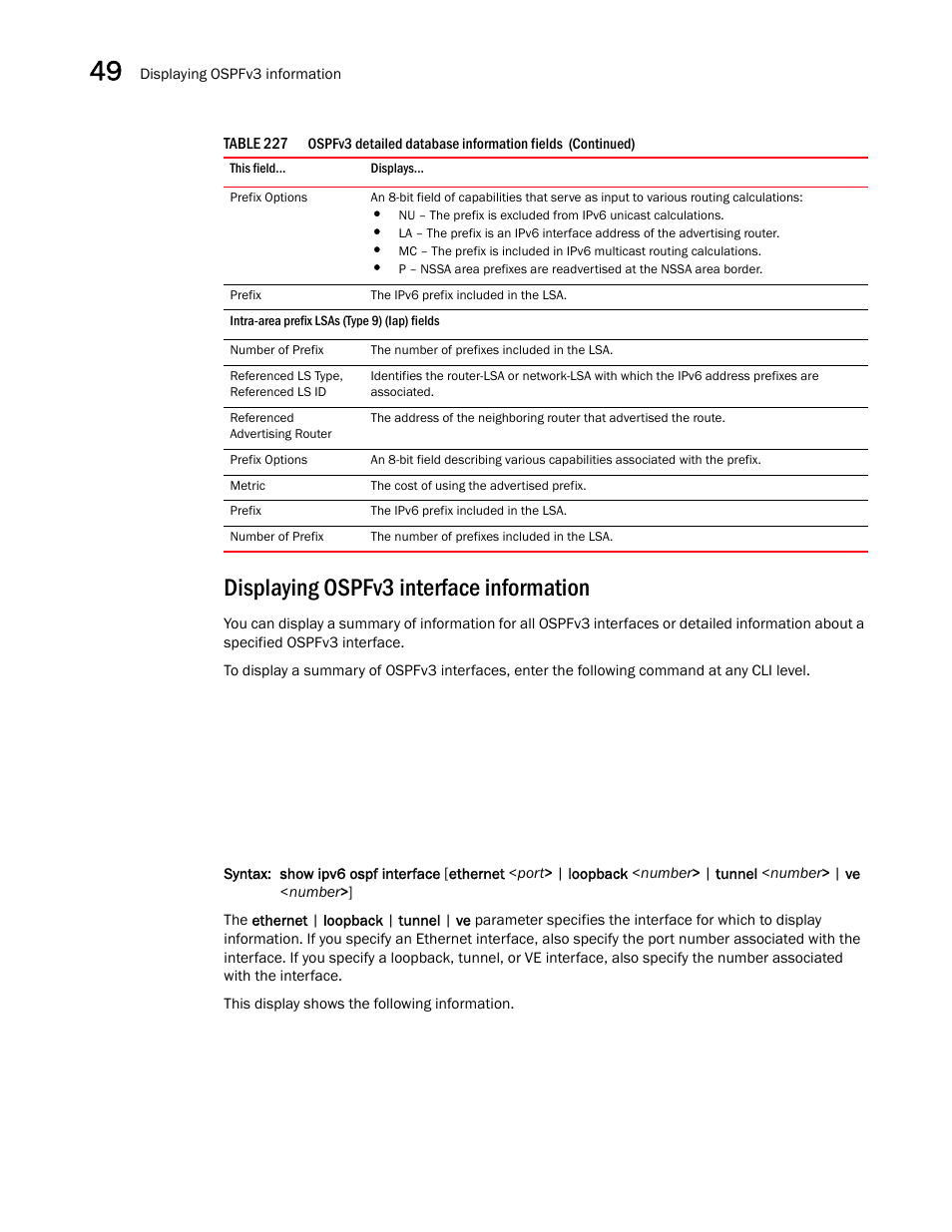 Displaying ospfv3 interface information | Brocade BigIron RX Series Configuration Guide User Manual | Page 1404 / 1550