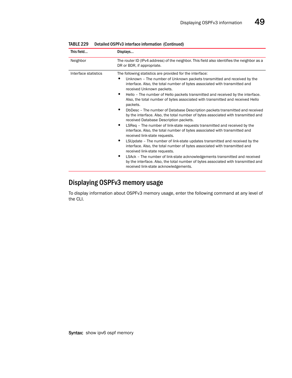 Displaying ospfv3 memory usage | Brocade BigIron RX Series Configuration Guide User Manual | Page 1407 / 1550