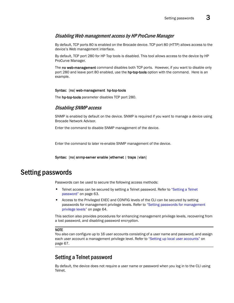 Setting passwords, Setting a telnet password, Disabling snmp access | Brocade BigIron RX Series Configuration Guide User Manual | Page 141 / 1550