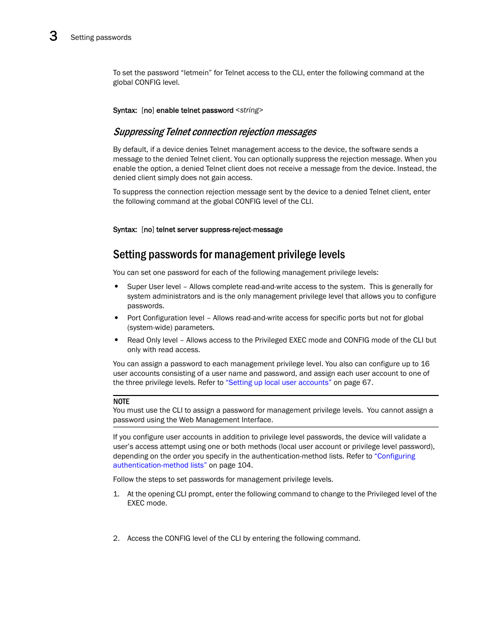 Setting passwords for management privilege levels, Setting passwords for management, Privilege levels | Suppressing telnet connection rejection messages | Brocade BigIron RX Series Configuration Guide User Manual | Page 142 / 1550