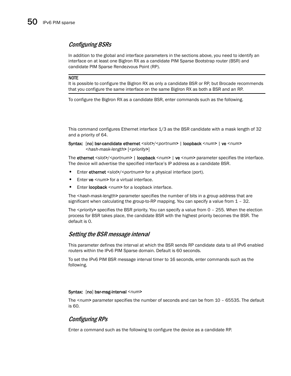 Configuring bsrs, Setting the bsr message interval, Configuring rps | Brocade BigIron RX Series Configuration Guide User Manual | Page 1422 / 1550