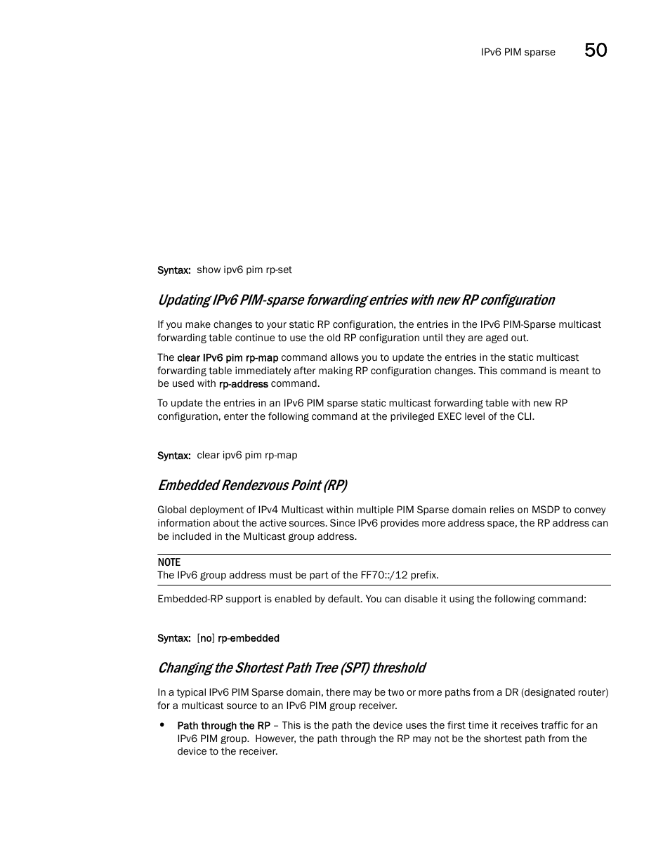 Embedded rendezvous point (rp), Changing the shortest path tree (spt) threshold | Brocade BigIron RX Series Configuration Guide User Manual | Page 1425 / 1550