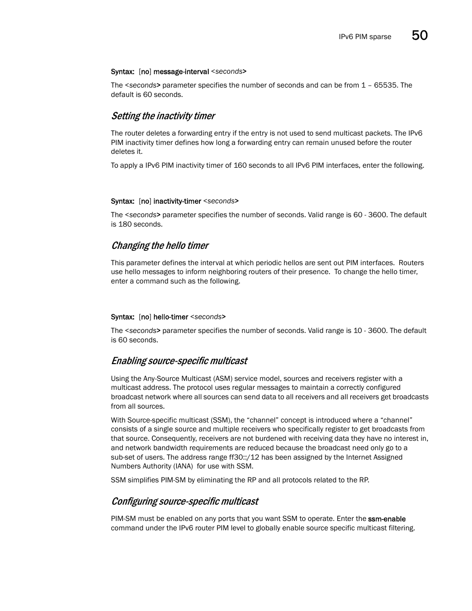 Setting the inactivity timer, Changing the hello timer, Enabling source-specific multicast | Configuring source-specific multicast | Brocade BigIron RX Series Configuration Guide User Manual | Page 1427 / 1550