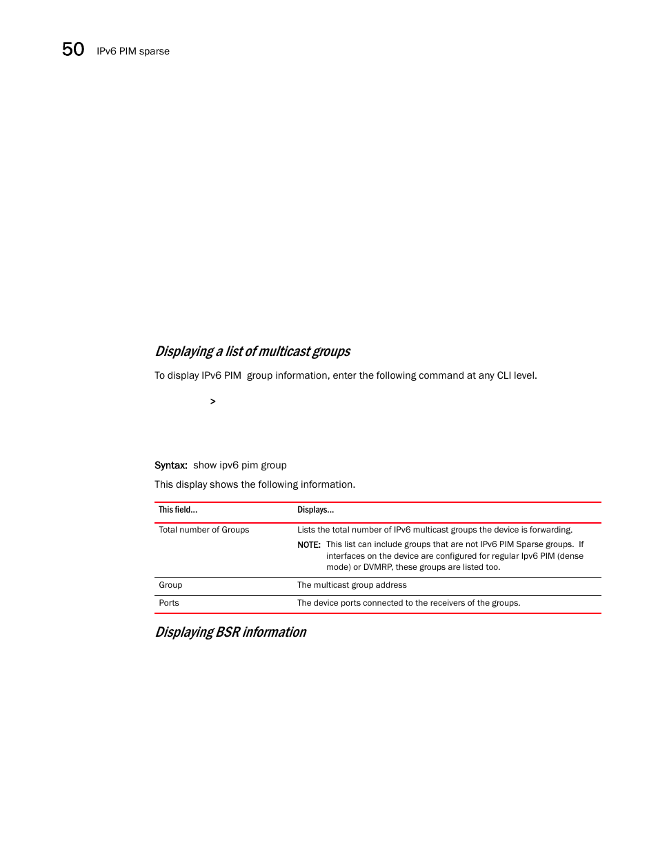 Displaying a list of multicast groups, Displaying bsr information | Brocade BigIron RX Series Configuration Guide User Manual | Page 1430 / 1550