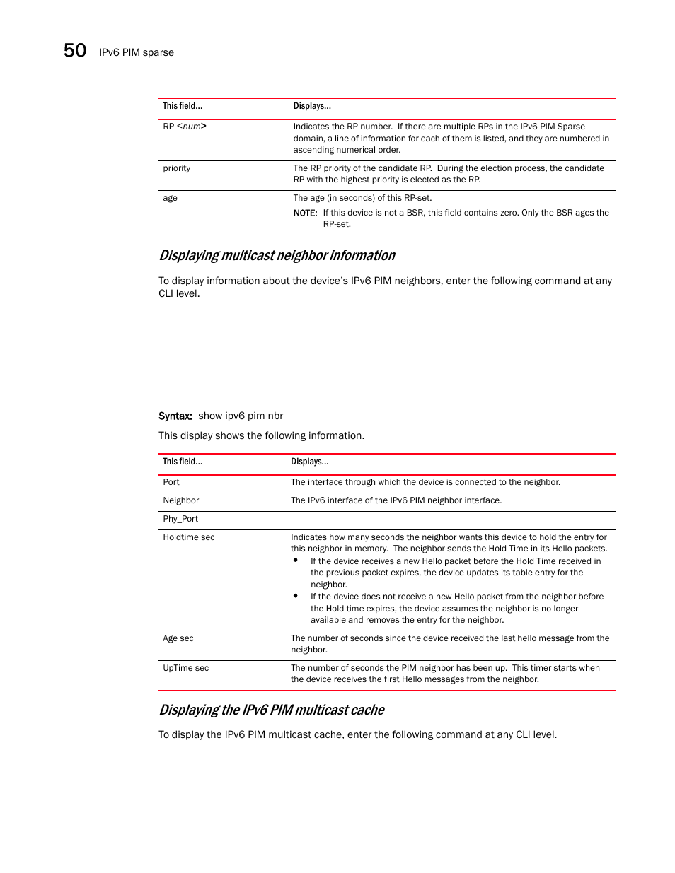 Displaying multicast neighbor information, Displaying the ipv6 pim multicast cache | Brocade BigIron RX Series Configuration Guide User Manual | Page 1434 / 1550