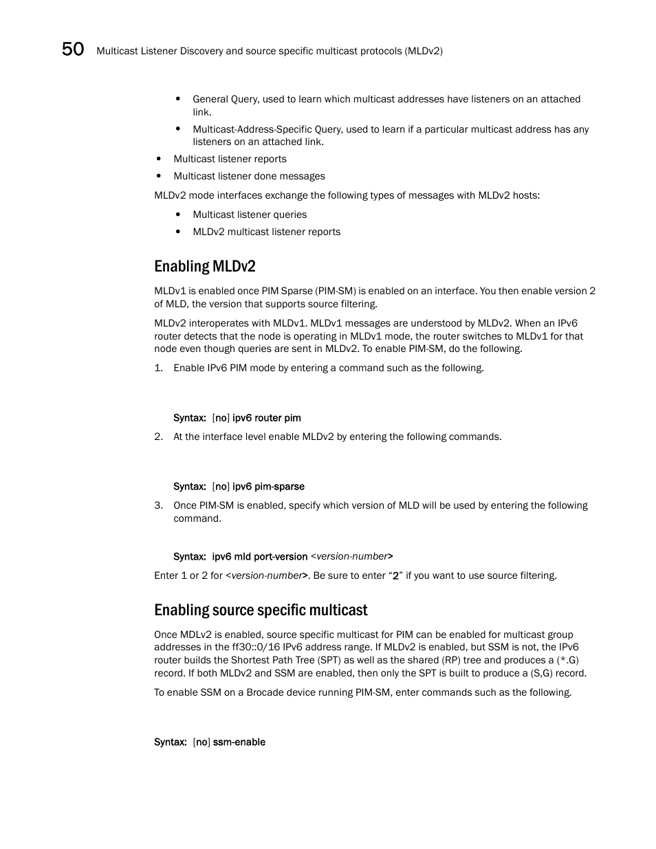 Enabling mldv2, Enabling source specific multicast | Brocade BigIron RX Series Configuration Guide User Manual | Page 1438 / 1550