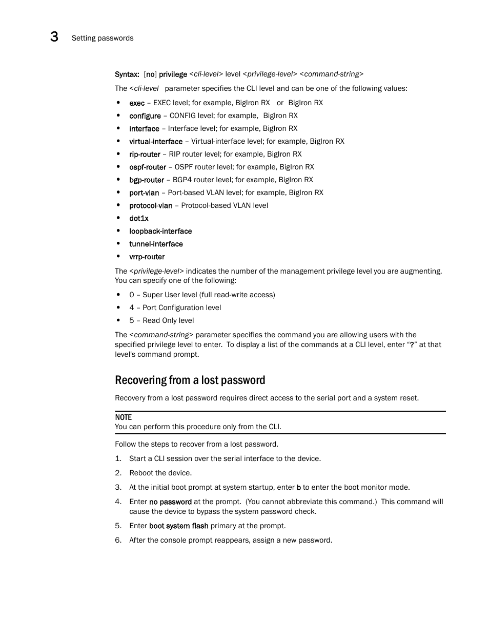 Recovering from a lost password | Brocade BigIron RX Series Configuration Guide User Manual | Page 144 / 1550