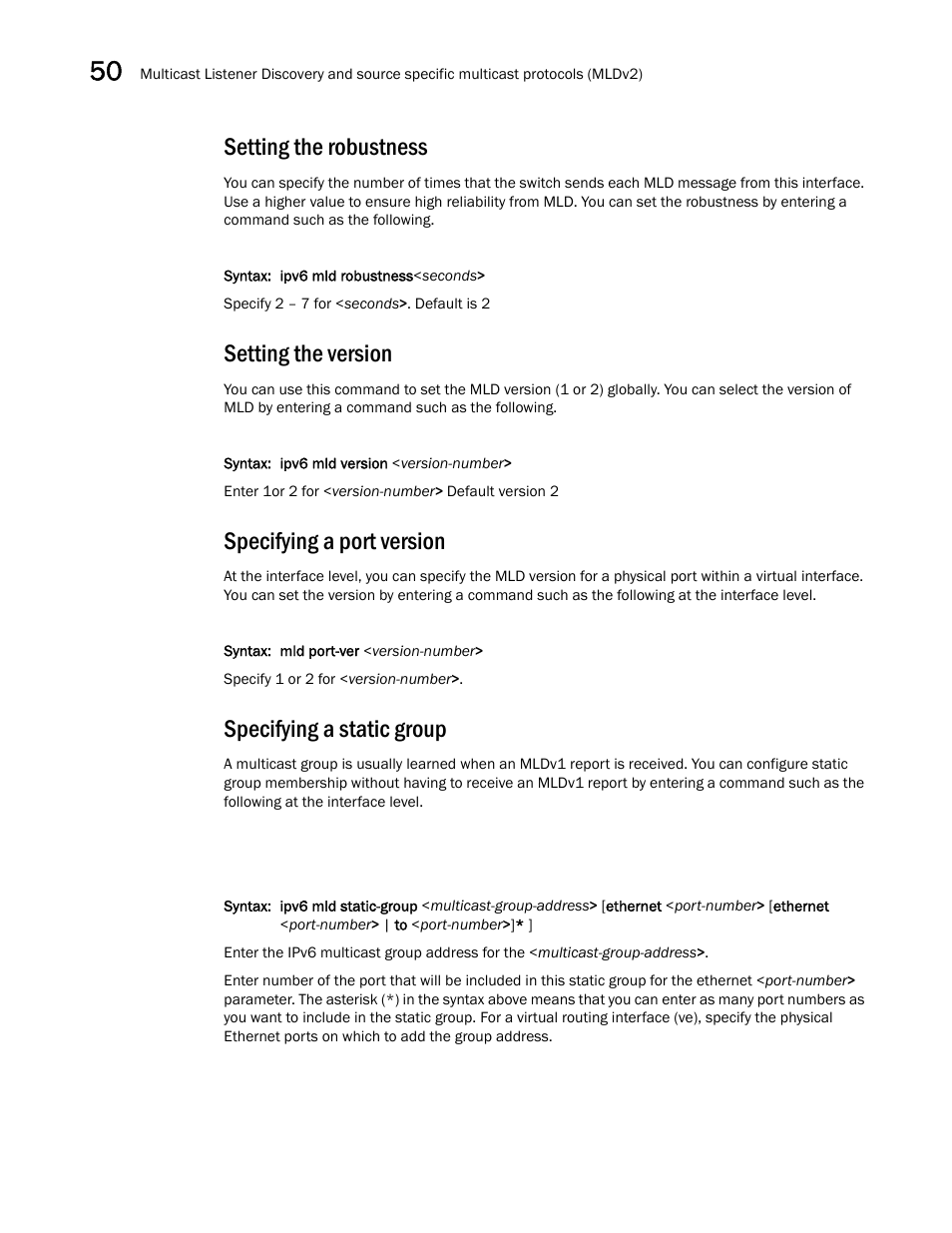 Setting the robustness, Setting the version, Specifying a port version | Specifying a static group | Brocade BigIron RX Series Configuration Guide User Manual | Page 1440 / 1550